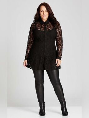 City Chic Black Sheer Lace Panel Long Sleeve Cotton Blend Tunic Top Size 20